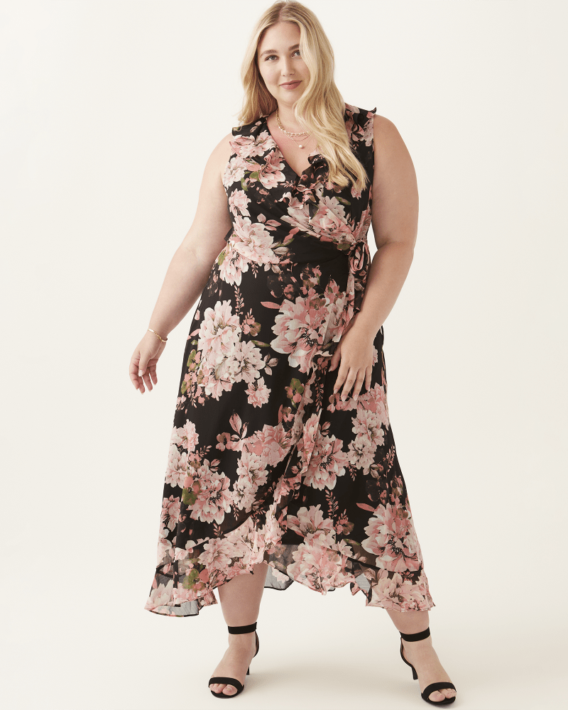 Plus size model with pear body shape wearing Lyla Ruffle Hem Maxi Dress by Adorne | Dia&Co | dia_product_style_image_id:206338